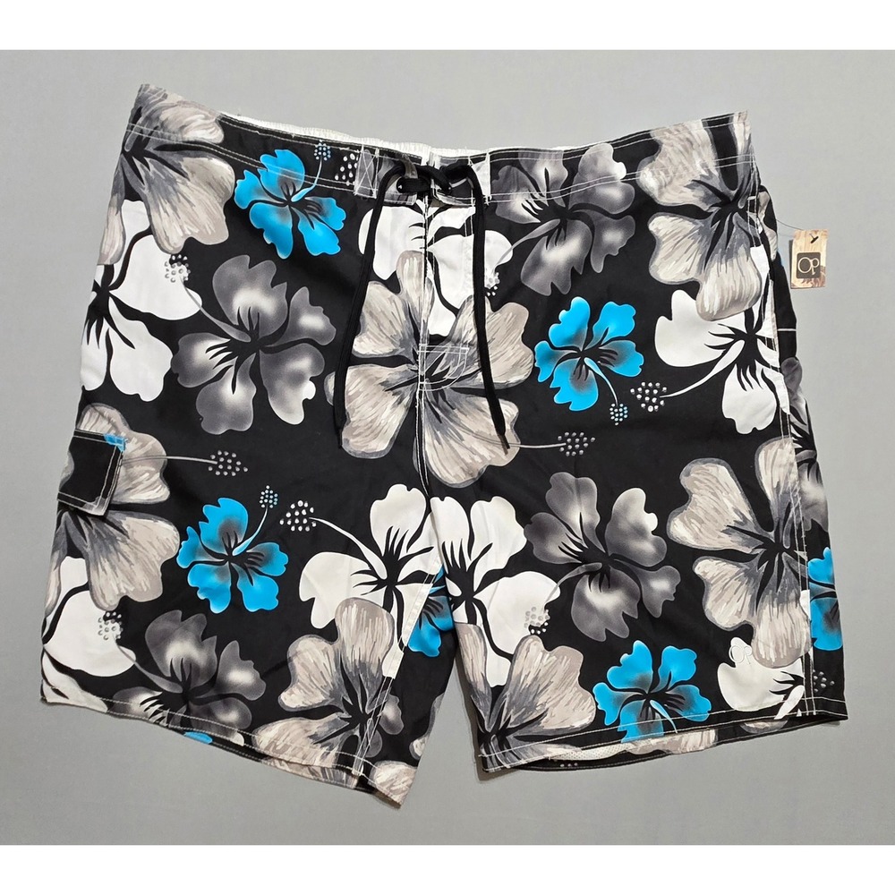OP Board Shorts 3XL Black Blue Floral Hibiscus Mesh Lined Cargo Pocket OM12205YB